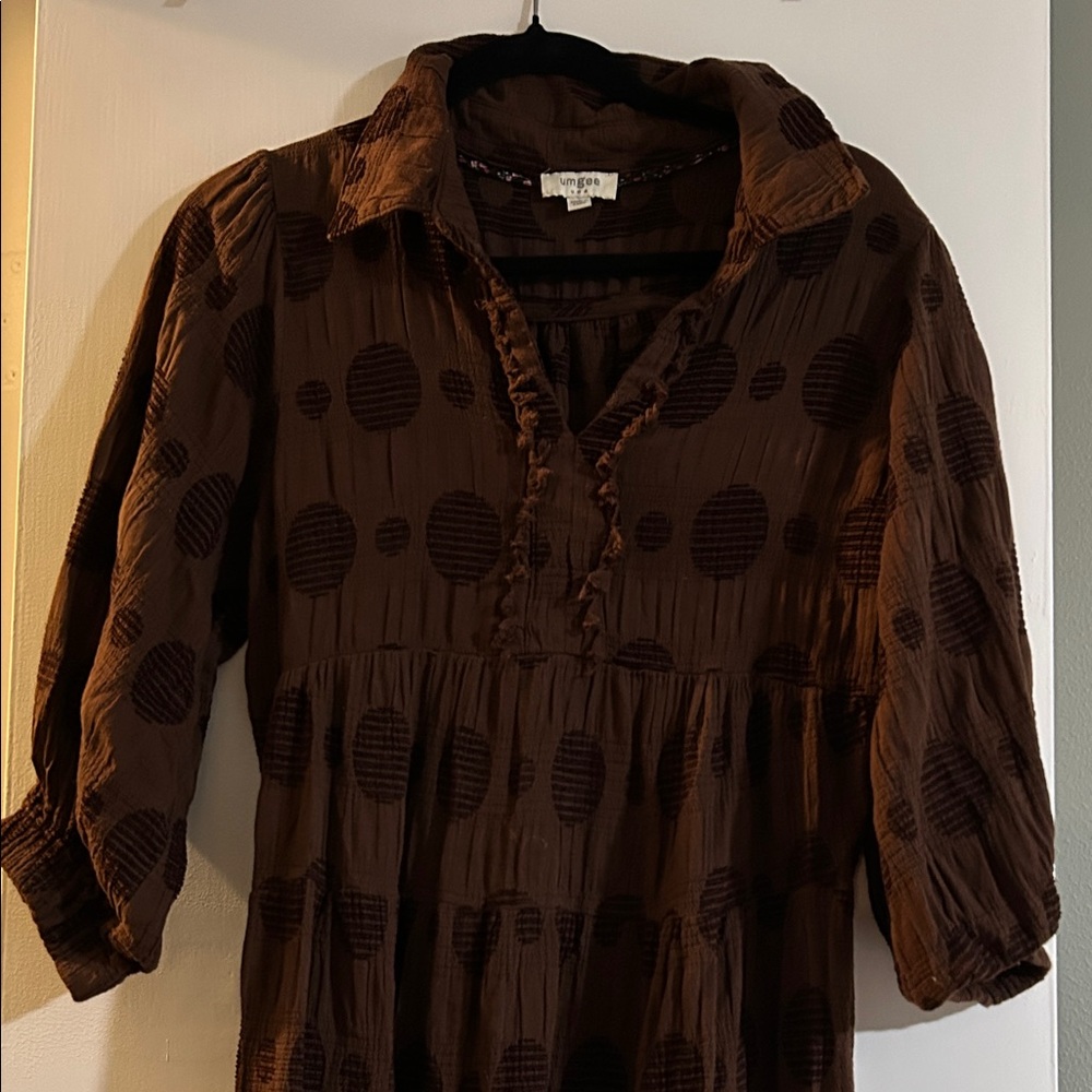 Umgee Swiss dot jacquard brown midi dress
